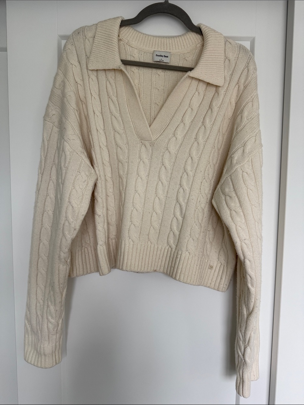 Aritzia Sunday Best Ivory Cable-Knit Collared V-Neck Sweater
